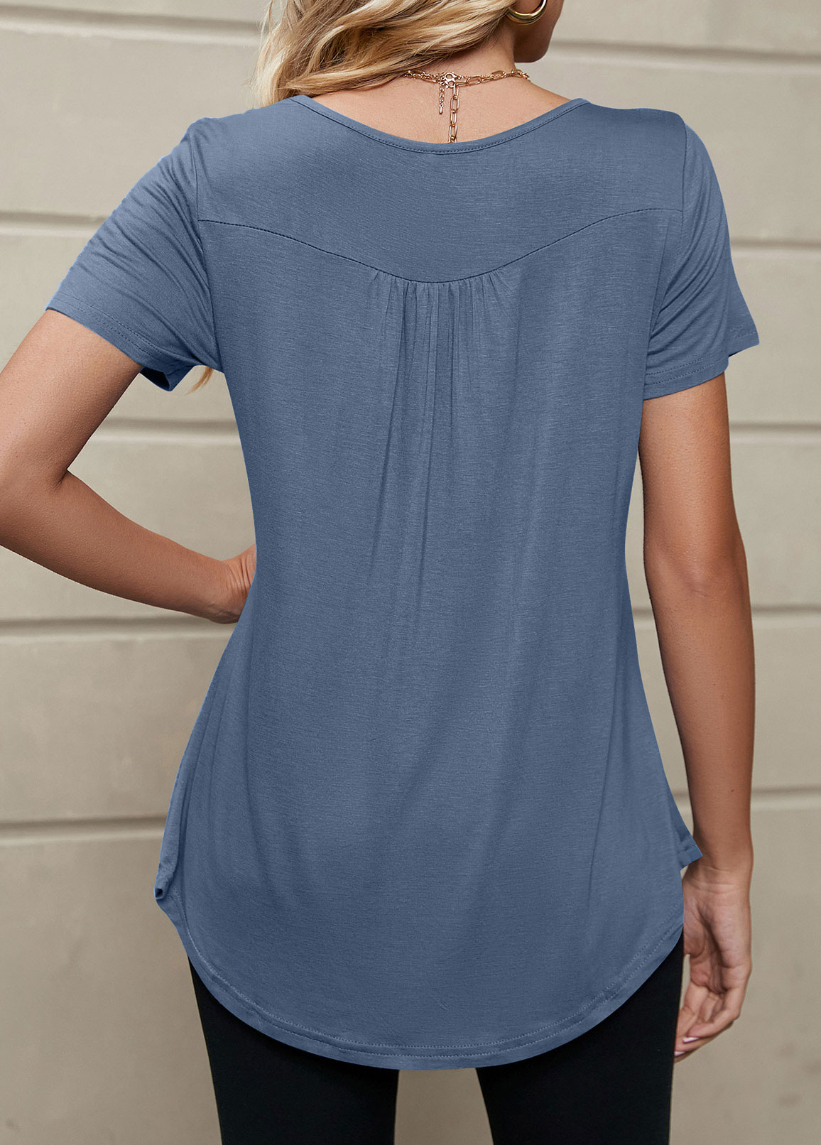 Dusty Blue tops,Plain Color tops,Lightweigh Dusty Blue Round Neck T Shirt