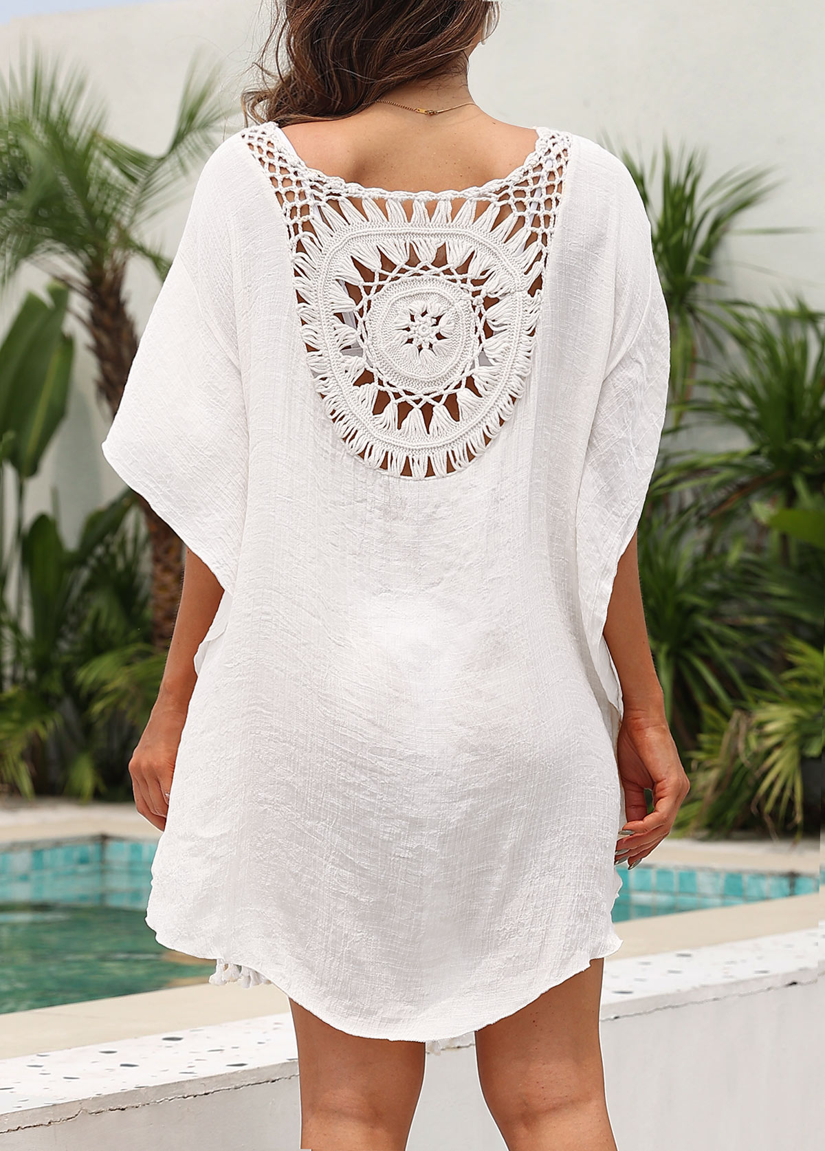 White swimwear,Plain Color swimwear,Tassel Weave Asymmetric Hem White Cover Up