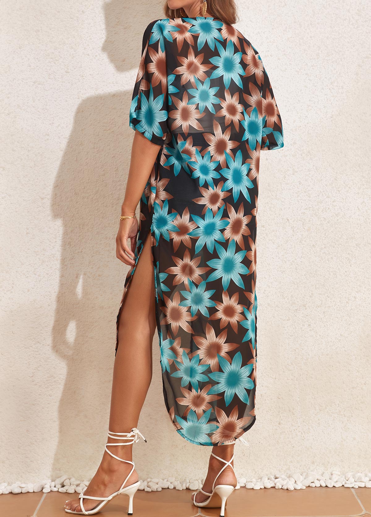 Multi Color swimwear,Floral swimwear,Split Multi Color Floral Print Cover Up