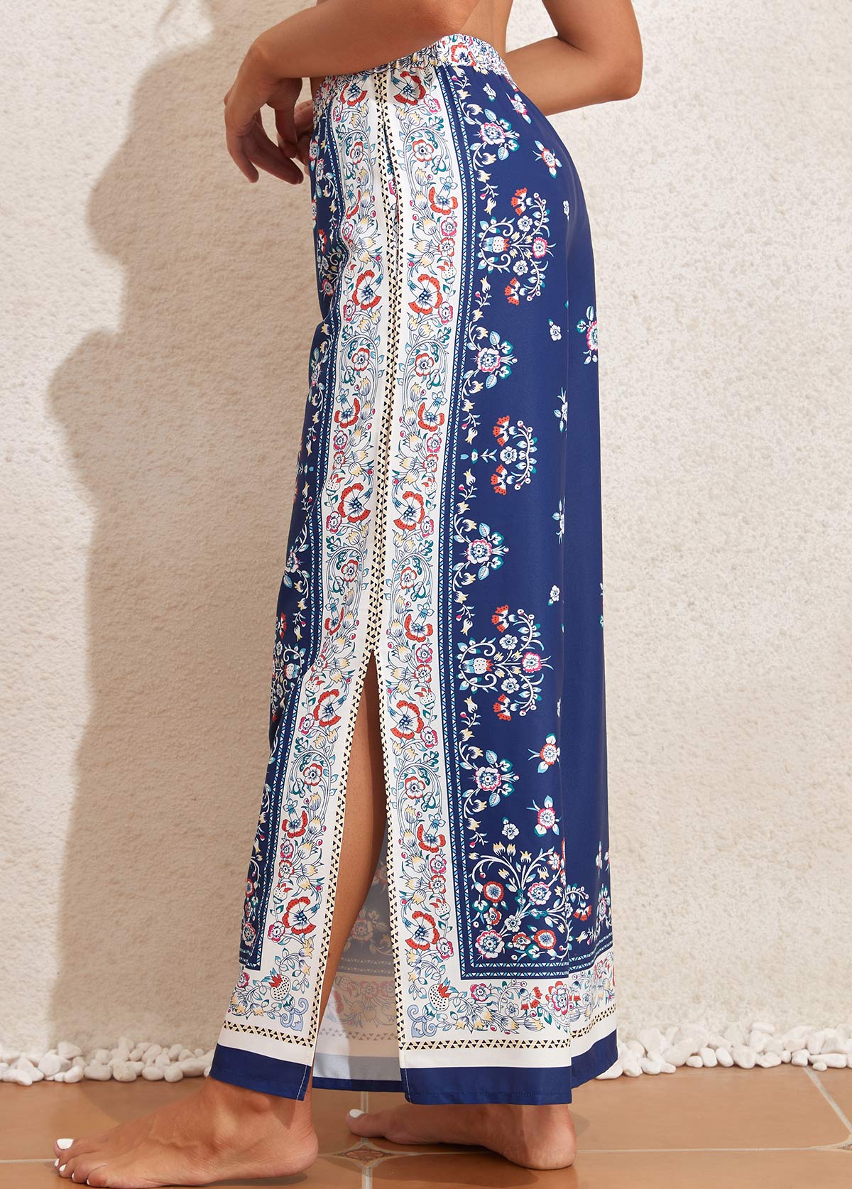 Navy swimwear,Tribal swimwear,Floral swimwear,Plants swimwear,Split Navy Tribal Print Cover Up