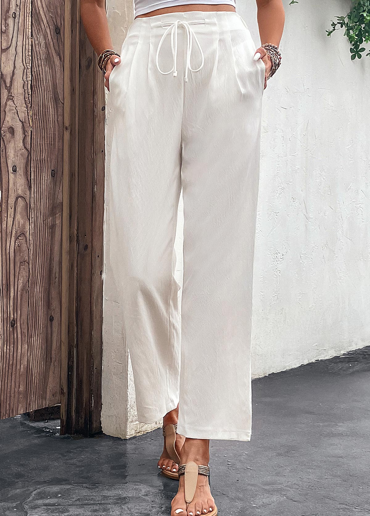 Pocket White Drawastring High Waisted Pants