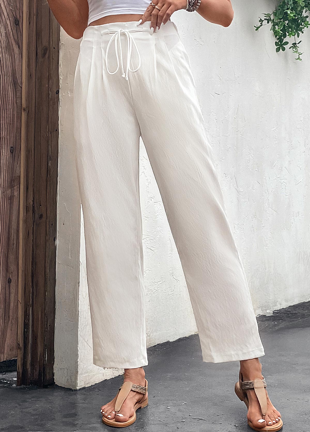 White bottoms,Plain Color bottoms,Pocket White Drawastring High Waisted Pants