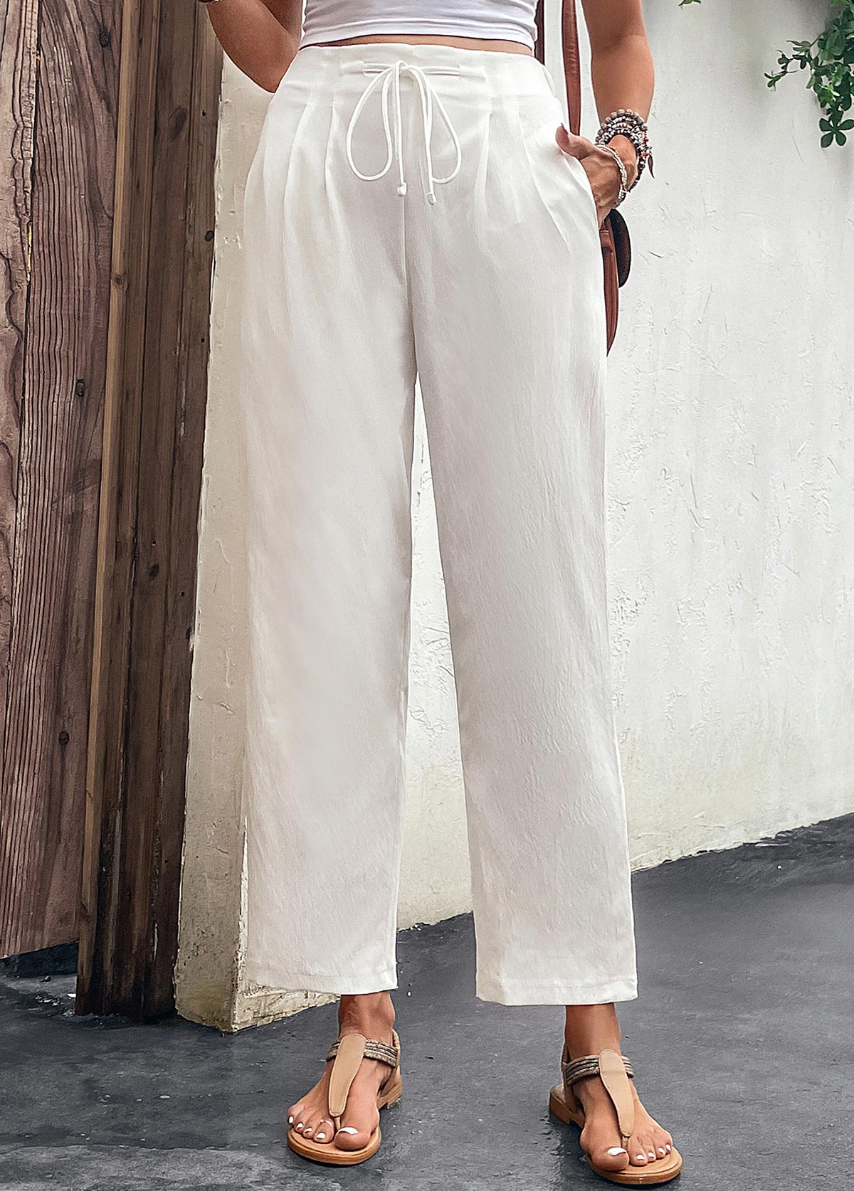 White bottoms,Plain Color bottoms,Pocket White Drawastring High Waisted Pants