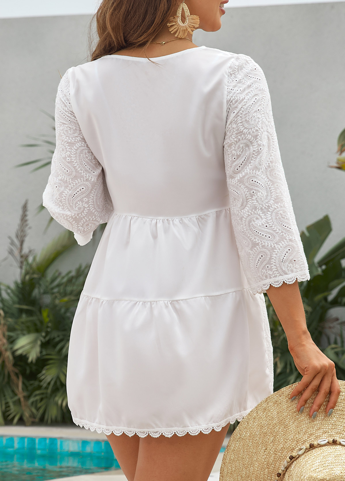 White swimwear,Plain Color swimwear,Lace Patchwork Tassel White Cover Up