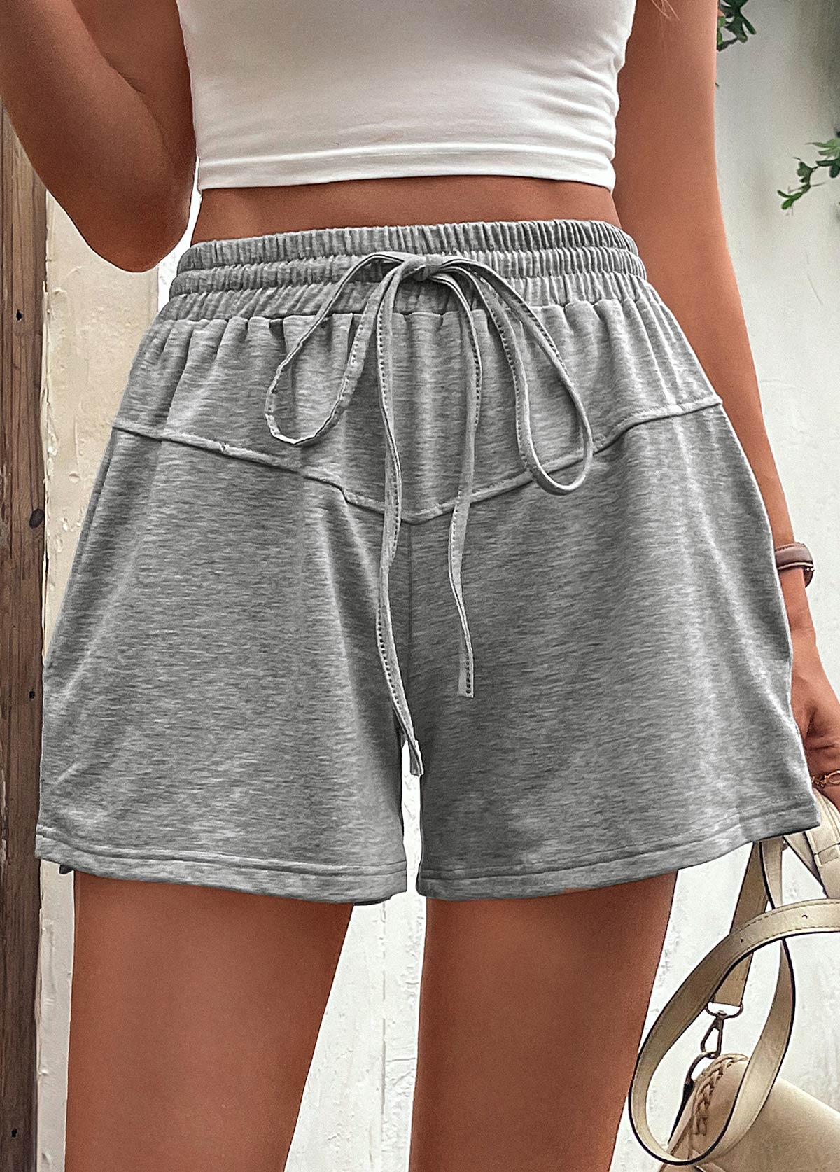 Grey bottoms,Plain Color bottoms,Stretch Drawstring Grey High Waisted Shorts