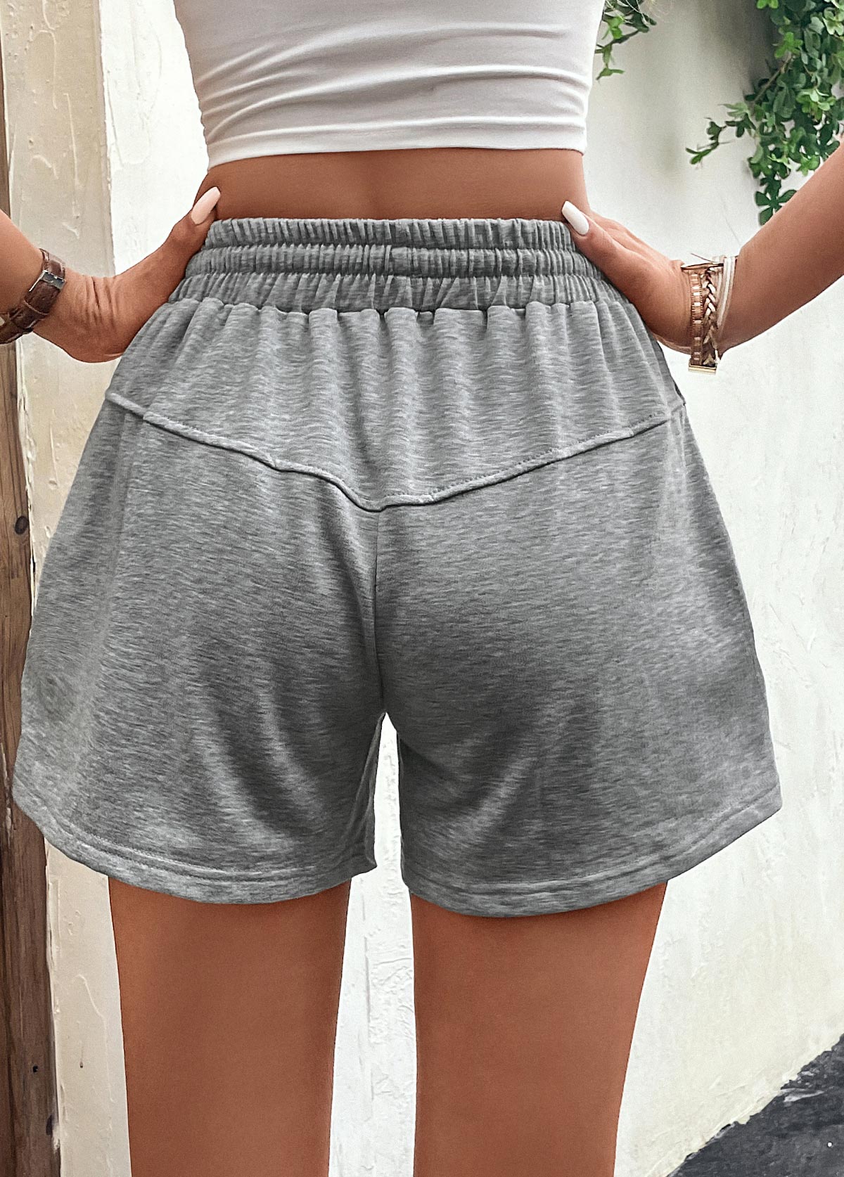 Grey bottoms,Plain Color bottoms,Stretch Drawstring Grey High Waisted Shorts