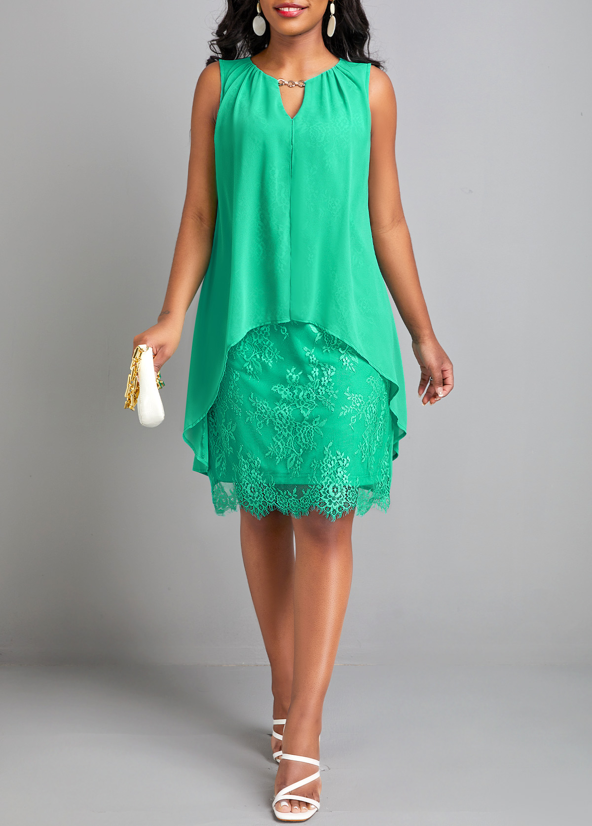 ROTITA Lace Green H Shape Round Neck Sleeveless Dress