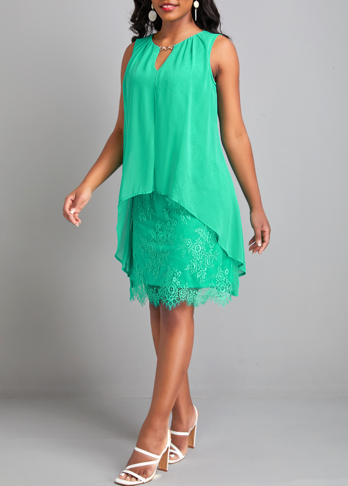 Green dresses,Plain Color dresses,ROTITA Lace Green H Shape Round Neck Sleeveless Dress