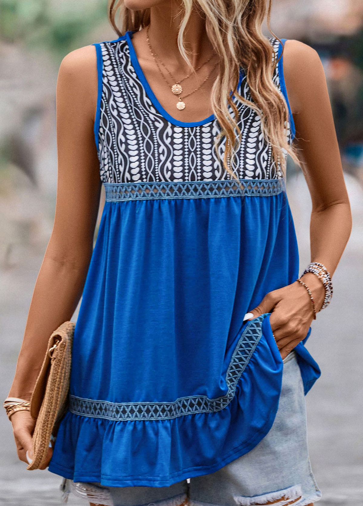 Patchwork Tribal Print Royal Blue Tank Top