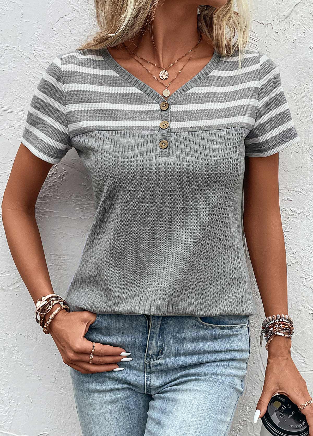 Grey tops,Striped tops,Geometric tops,ROTITA Button Striped Grey V Neck T Shirt