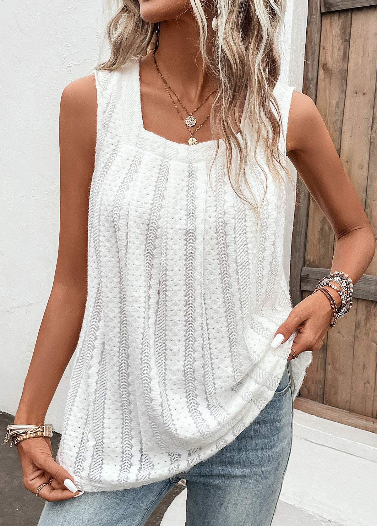 White tops,Plain Color tops,ROTITA Breathable White Square Neck Tank Top