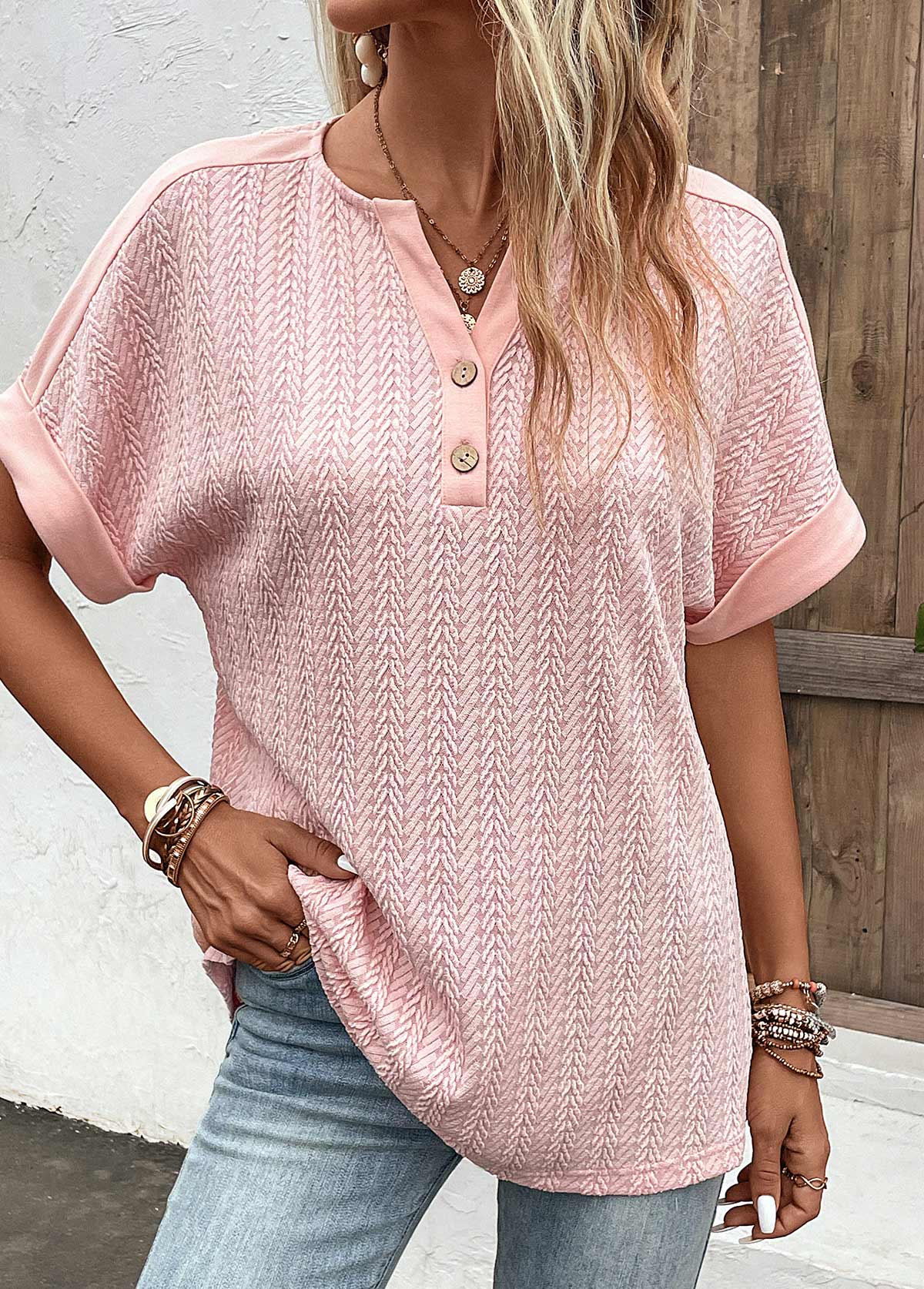 Dusty Pink tops,Plain Color tops,ROTITA Button Dusty Pink Split Neck Short Sleeve Blouse