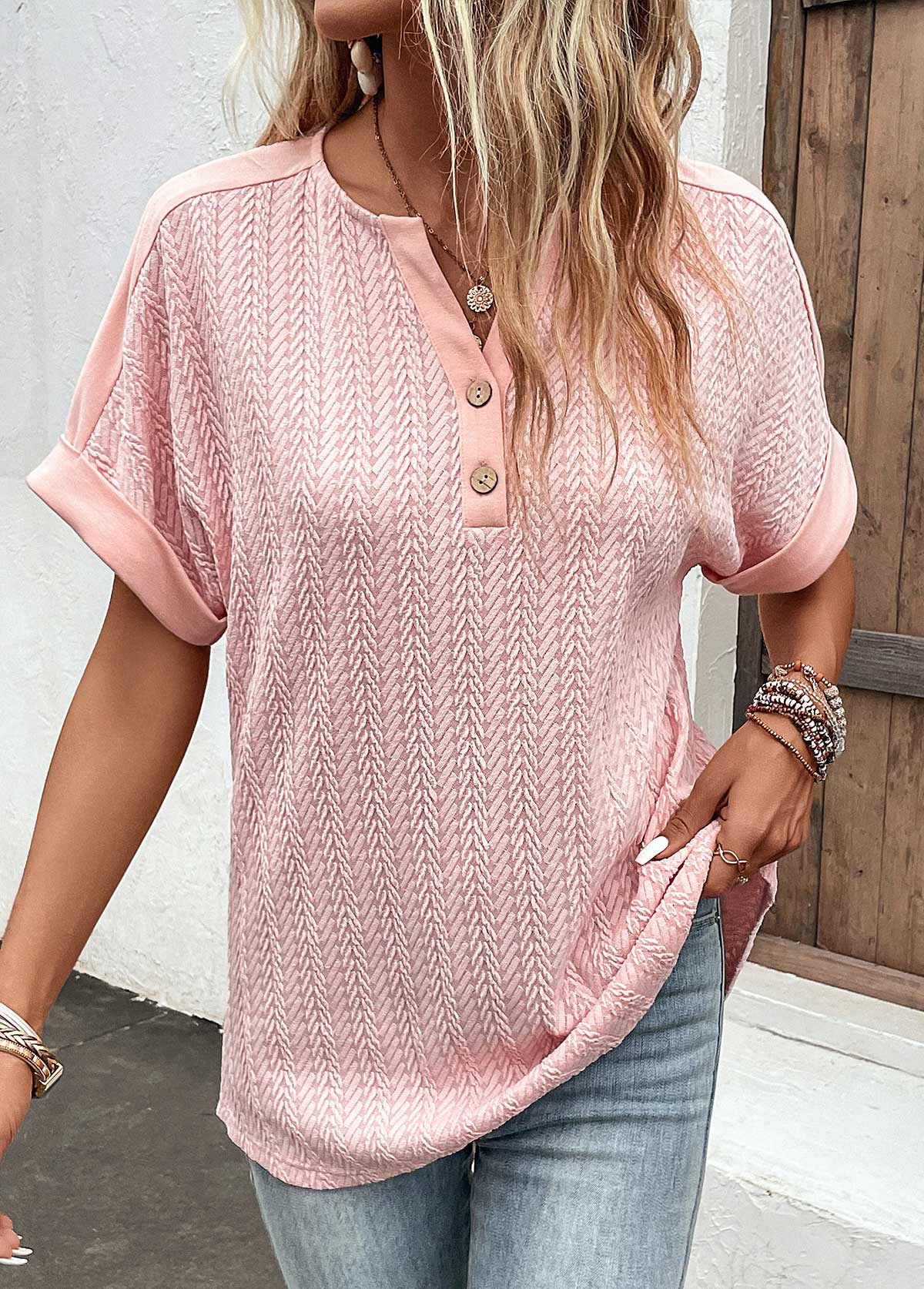 Dusty Pink tops,Plain Color tops,ROTITA Button Dusty Pink Split Neck Short Sleeve Blouse