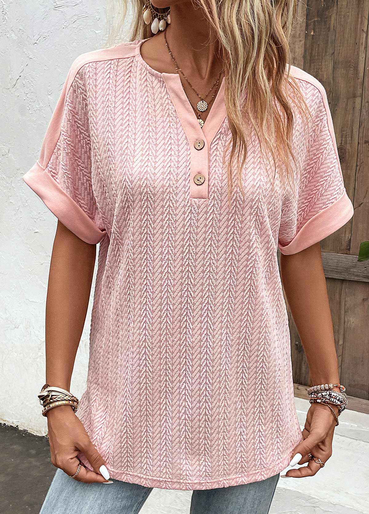 Dusty Pink tops,Plain Color tops,ROTITA Button Dusty Pink Split Neck Short Sleeve Blouse