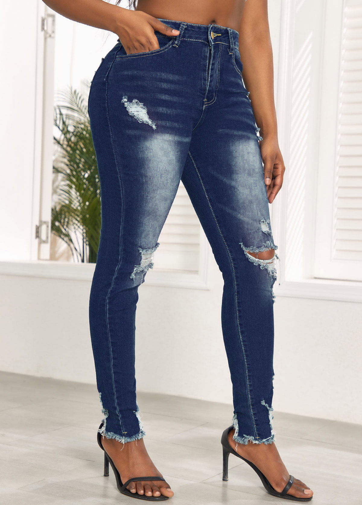 Denim Blue bottoms,Plain Color bottoms,Hole Denim Blue Skinny Zipper Fly Jeans