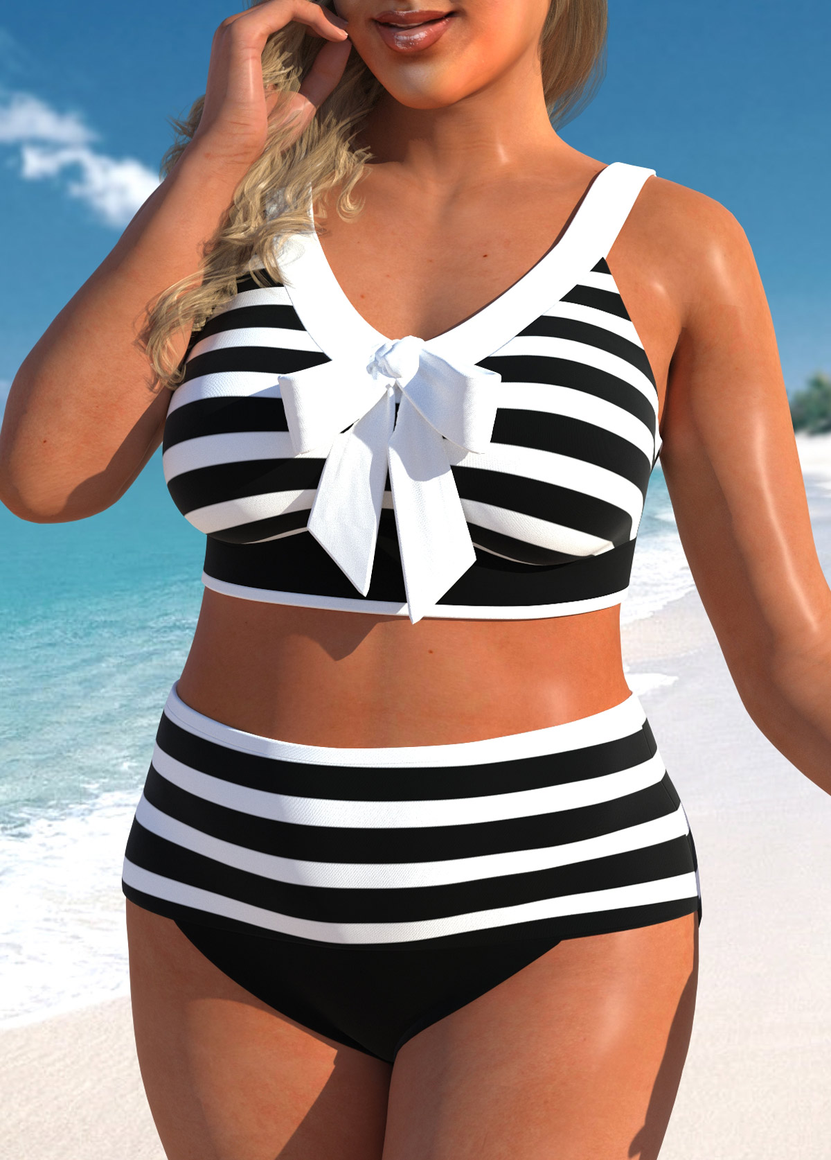 Black plus size,White plus size,Striped plus size,ROTITA Plus Size Bowknot Striped Black Bikini Top
