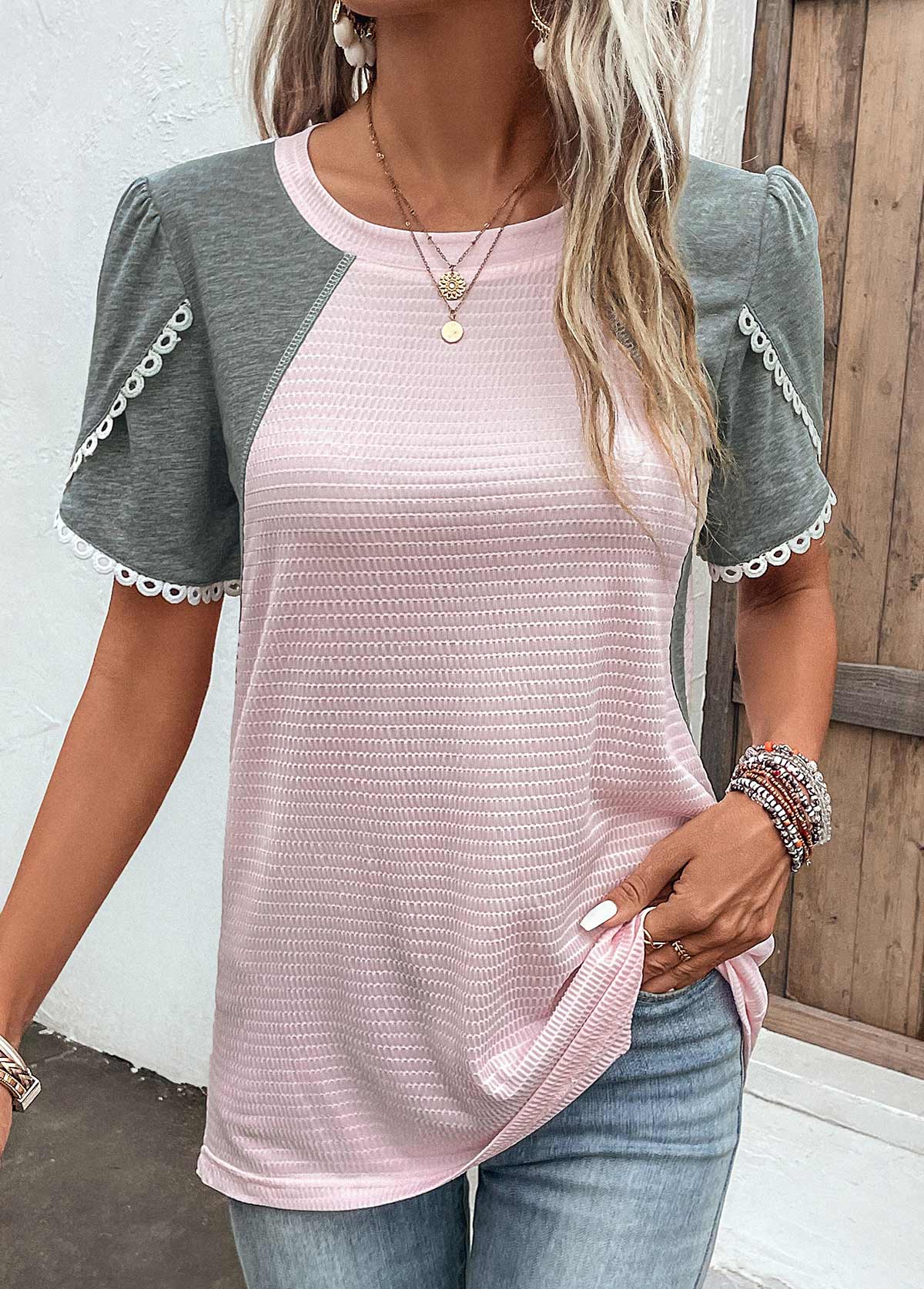 ROTITA Patchwork Pink Round Neck Short Sleeve T Shirt