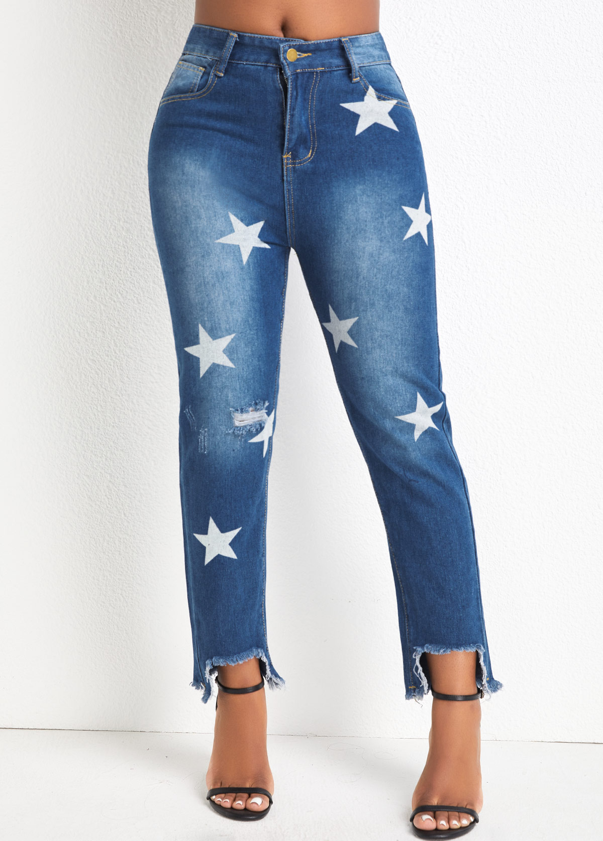 Pocket Star Print Denim Blue Regular Jeans
