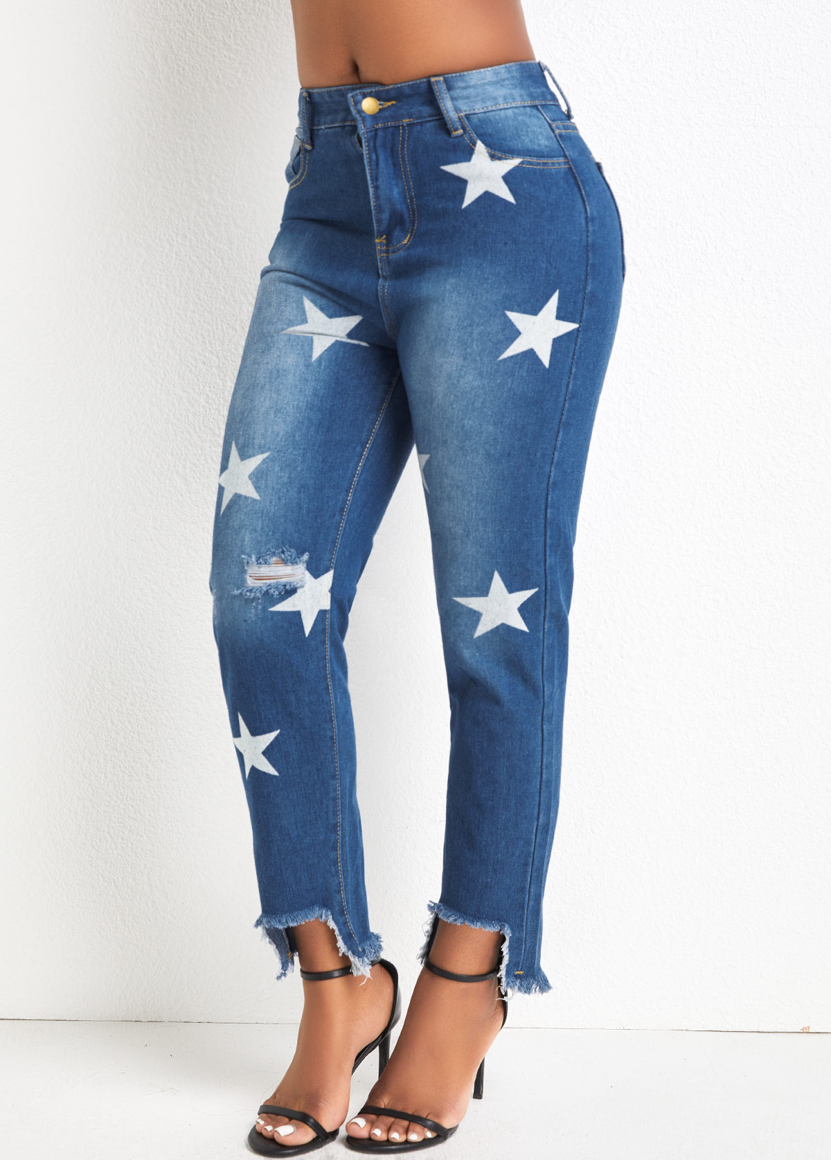 Denim Blue bottoms,Galaxy bottoms,Pocket Star Print Denim Blue Regular Jeans