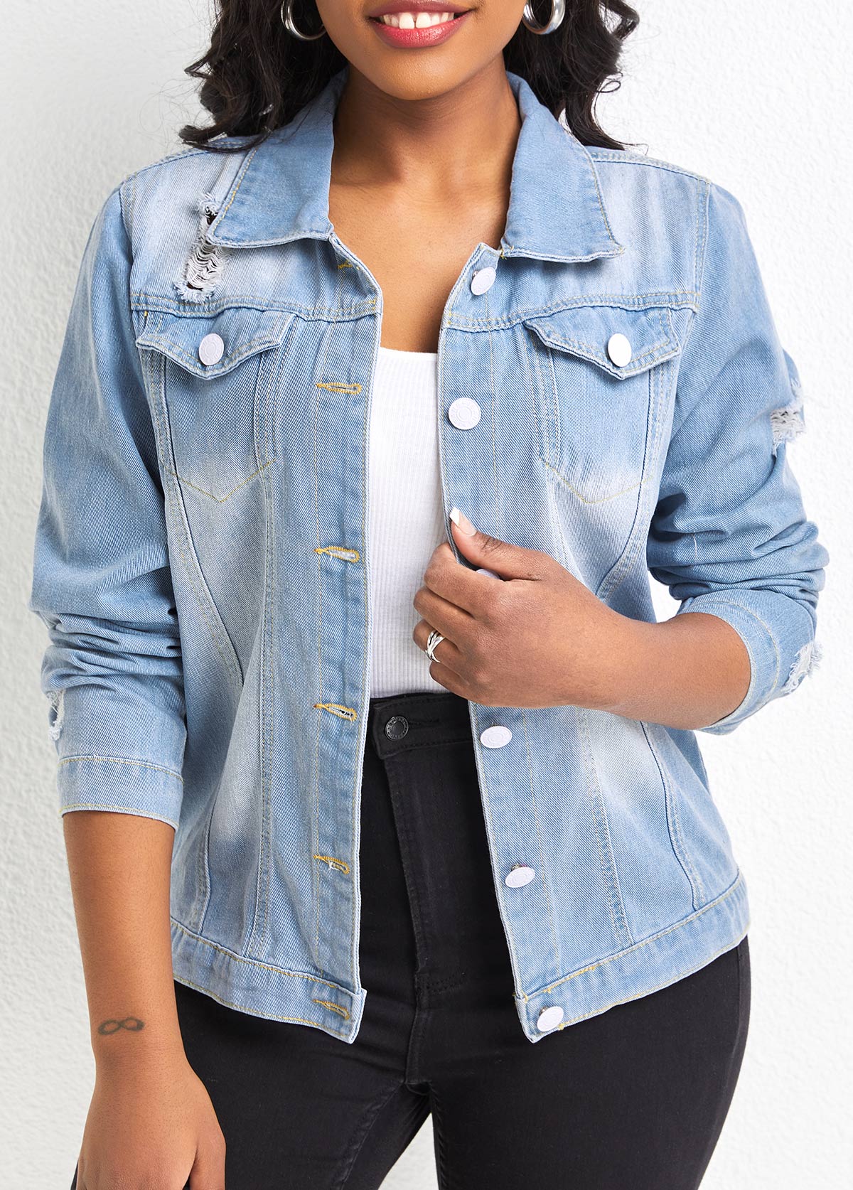 Light Blue outerwear & coats,Plain Color outerwear & coats,Pocket Light Blue Shirt Collar Long Sleeve Jacket