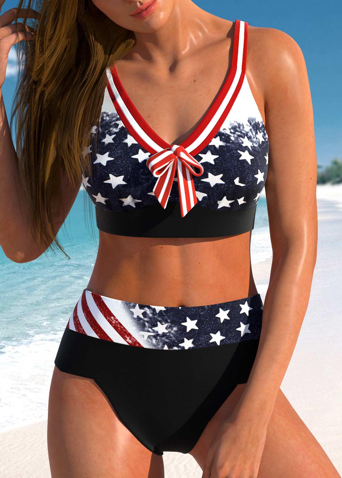 Navy swimwear,Flag swimwear,Striped swimwear,ROTITA Bowknot Navy American Flag Print Bikini Set