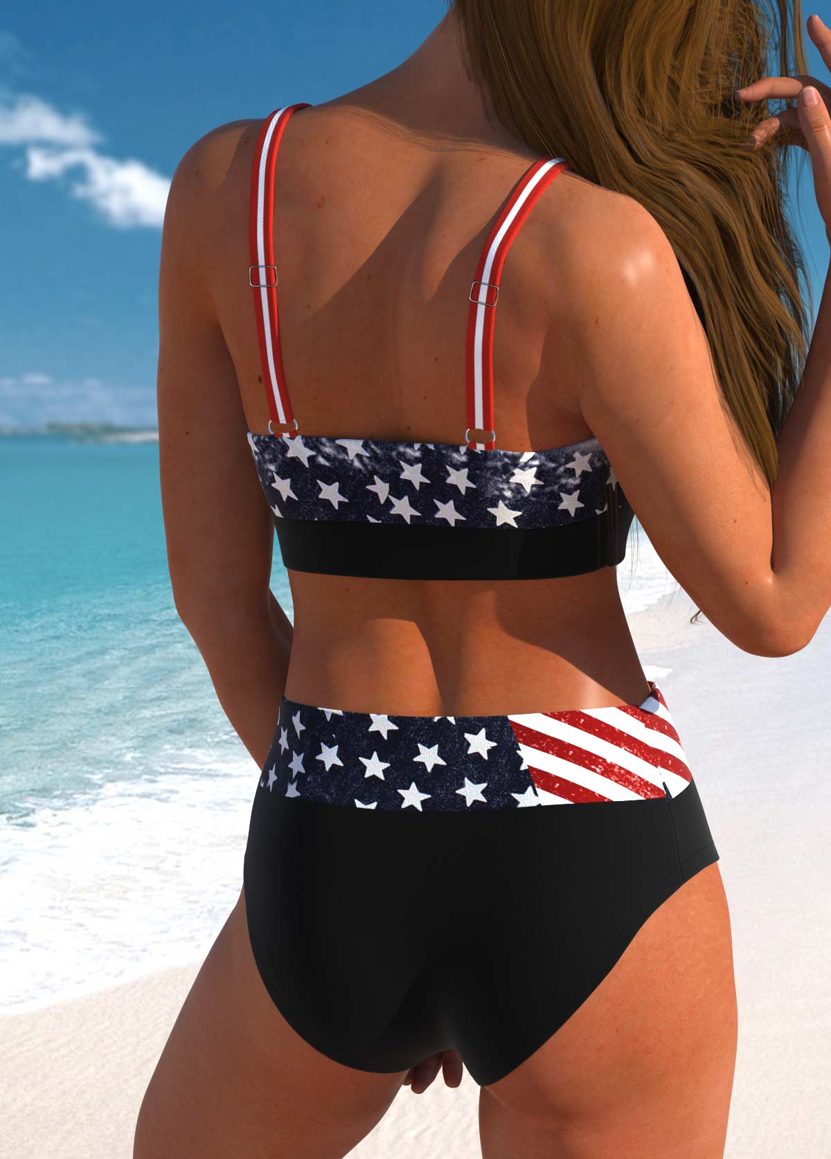 Navy swimwear,Flag swimwear,Striped swimwear,ROTITA Bowknot Navy American Flag Print Bikini Set
