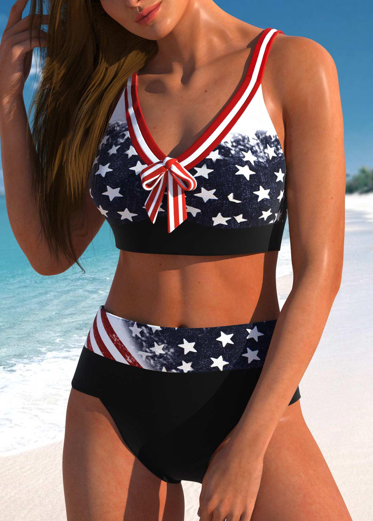 Navy swimwear,Flag swimwear,Striped swimwear,ROTITA Bowknot Navy American Flag Print Bikini Set