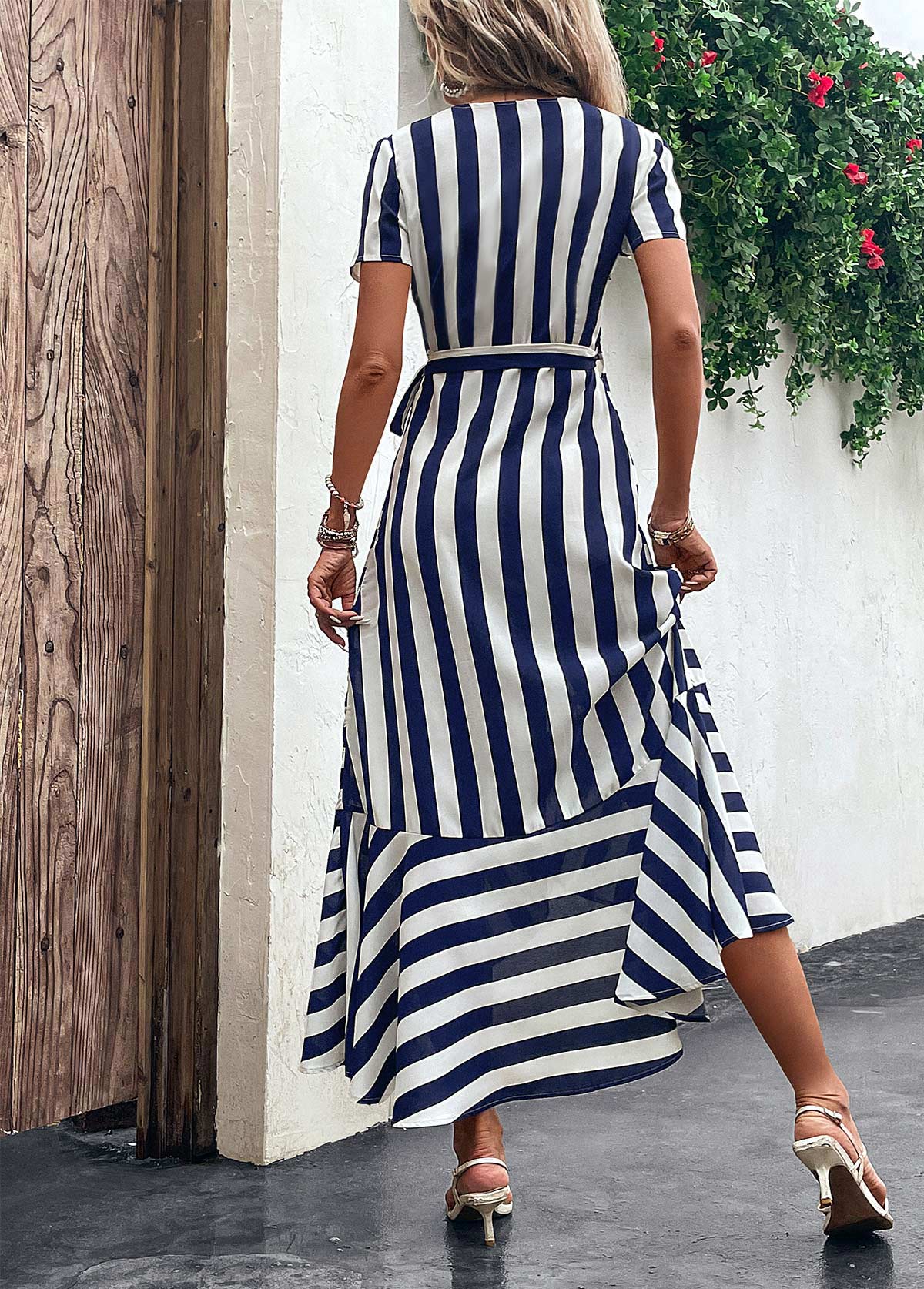 Navy dresses,White dresses,Striped dresses,Geometric dresses,Tie Striped Navy V Neck Maxi Dress