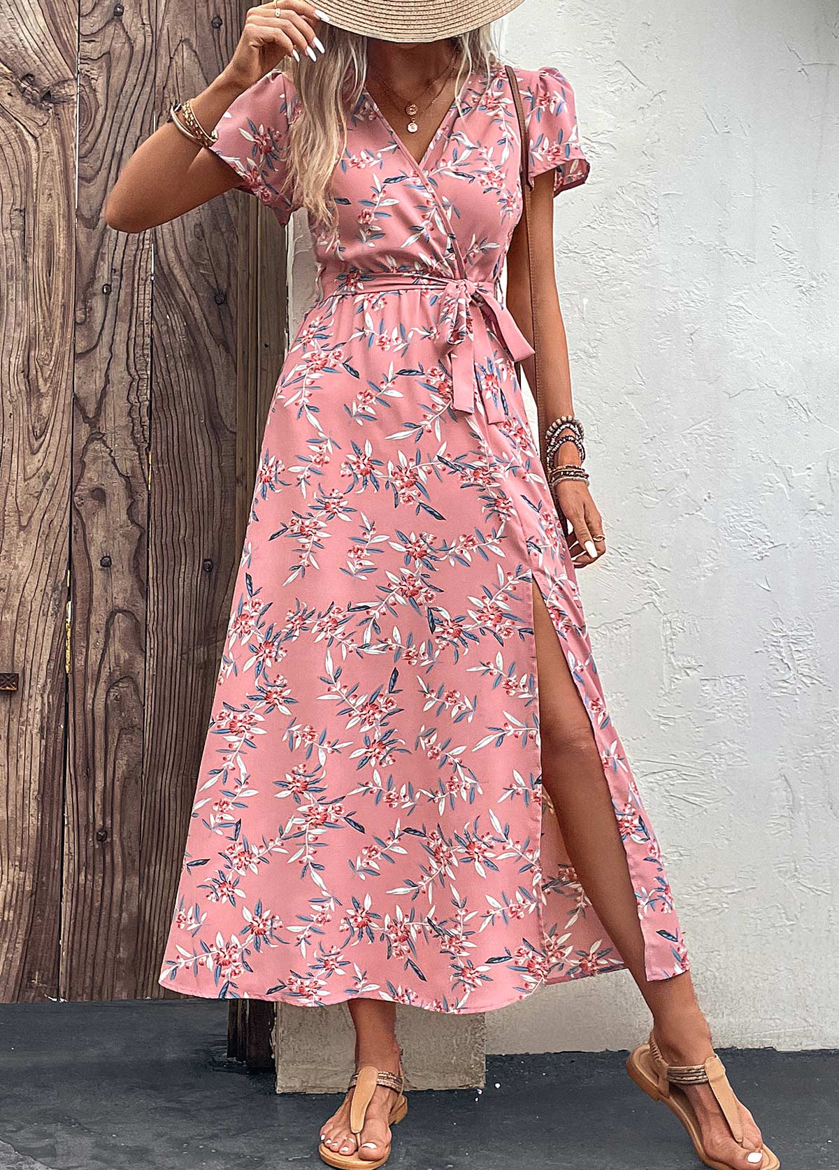 Pink dresses,Plants dresses,Split Leaf Print Pink Belted Maxi Dress