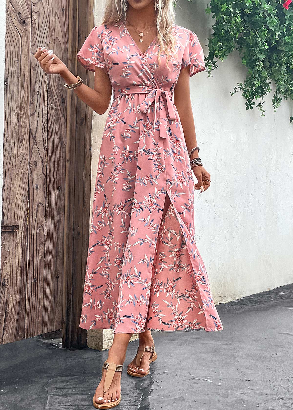 Pink dresses,Plants dresses,Split Leaf Print Pink Belted Maxi Dress