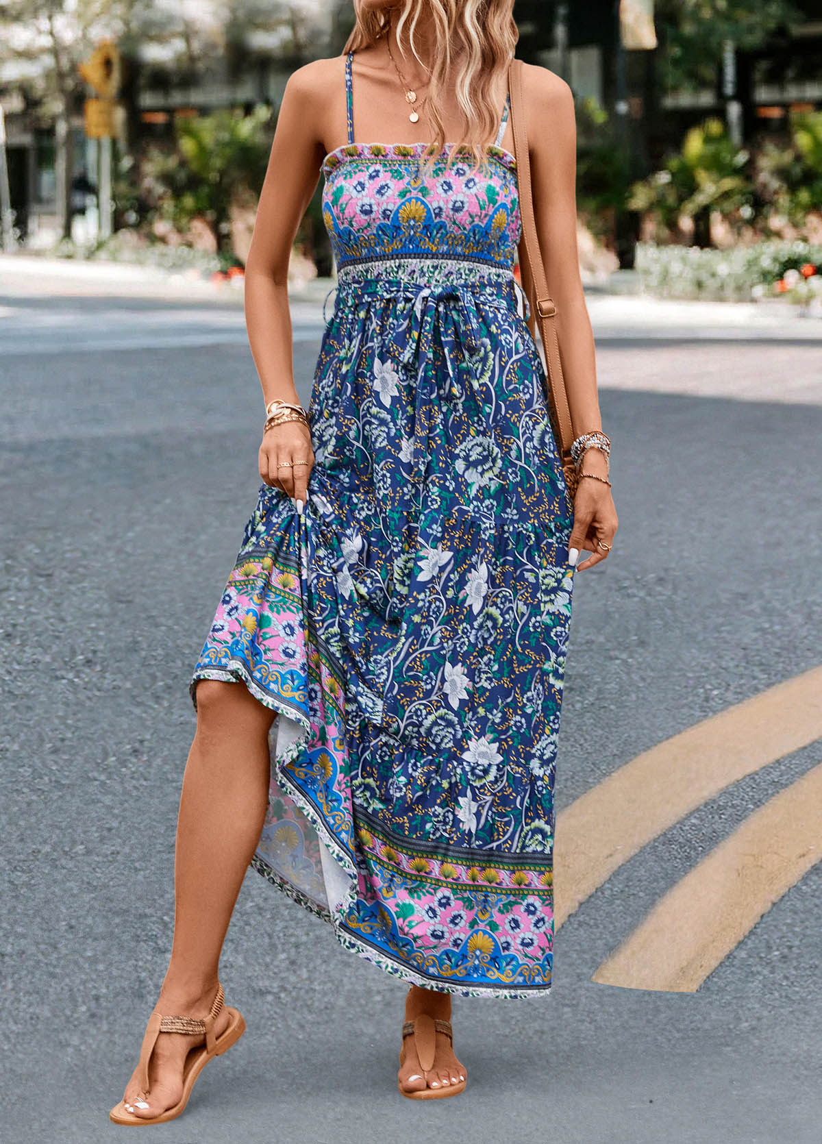 Smocked Floral Print Multi Color Belted Maxi Dress