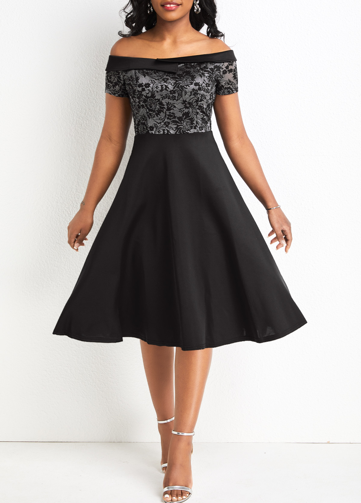Black dresses,Plain Color dresses,Lace Black Off Shoulder Short Sleeve Dress
