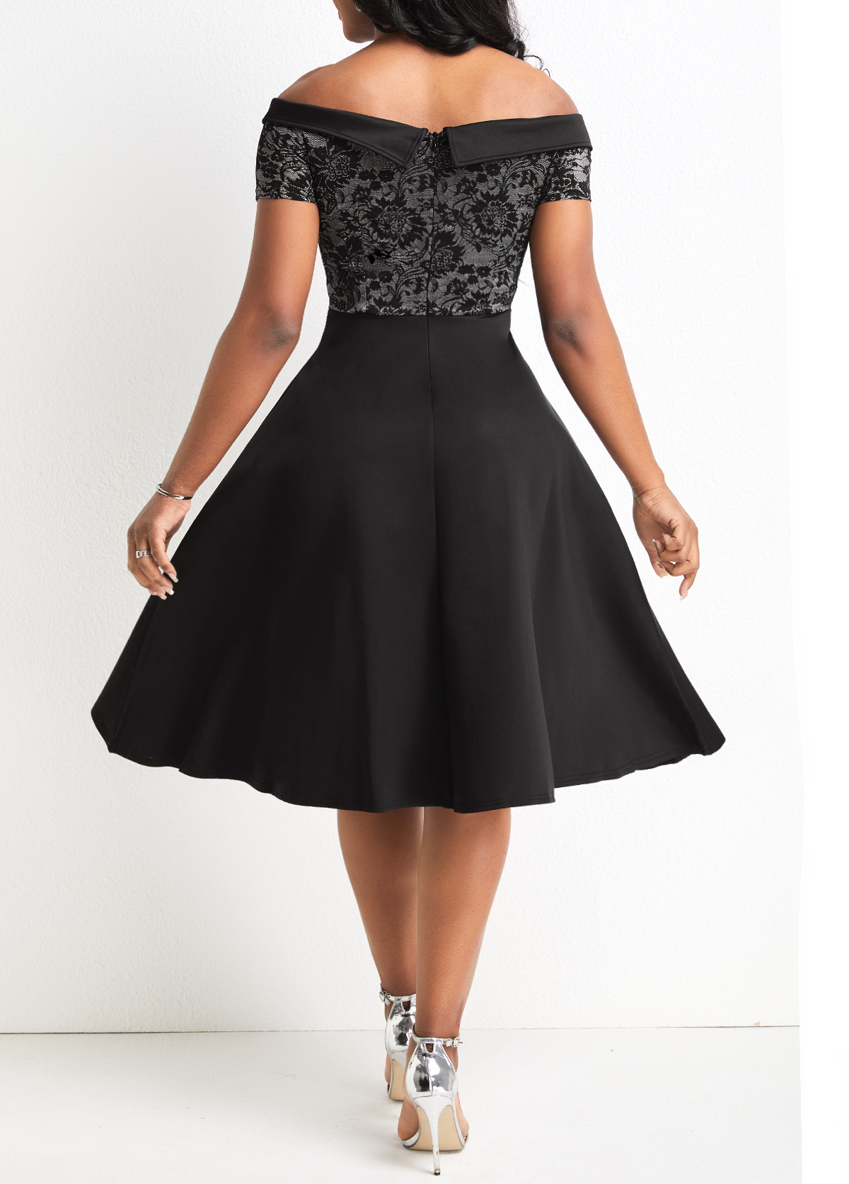 Black dresses,Plain Color dresses,Lace Black Off Shoulder Short Sleeve Dress