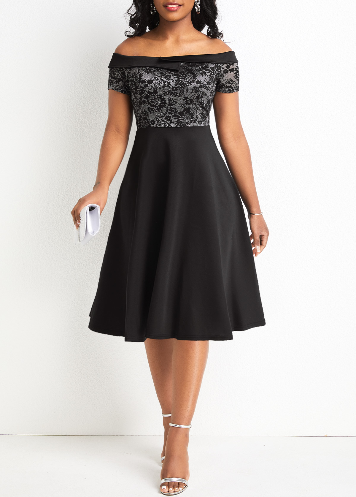 Black dresses,Plain Color dresses,Lace Black Off Shoulder Short Sleeve Dress