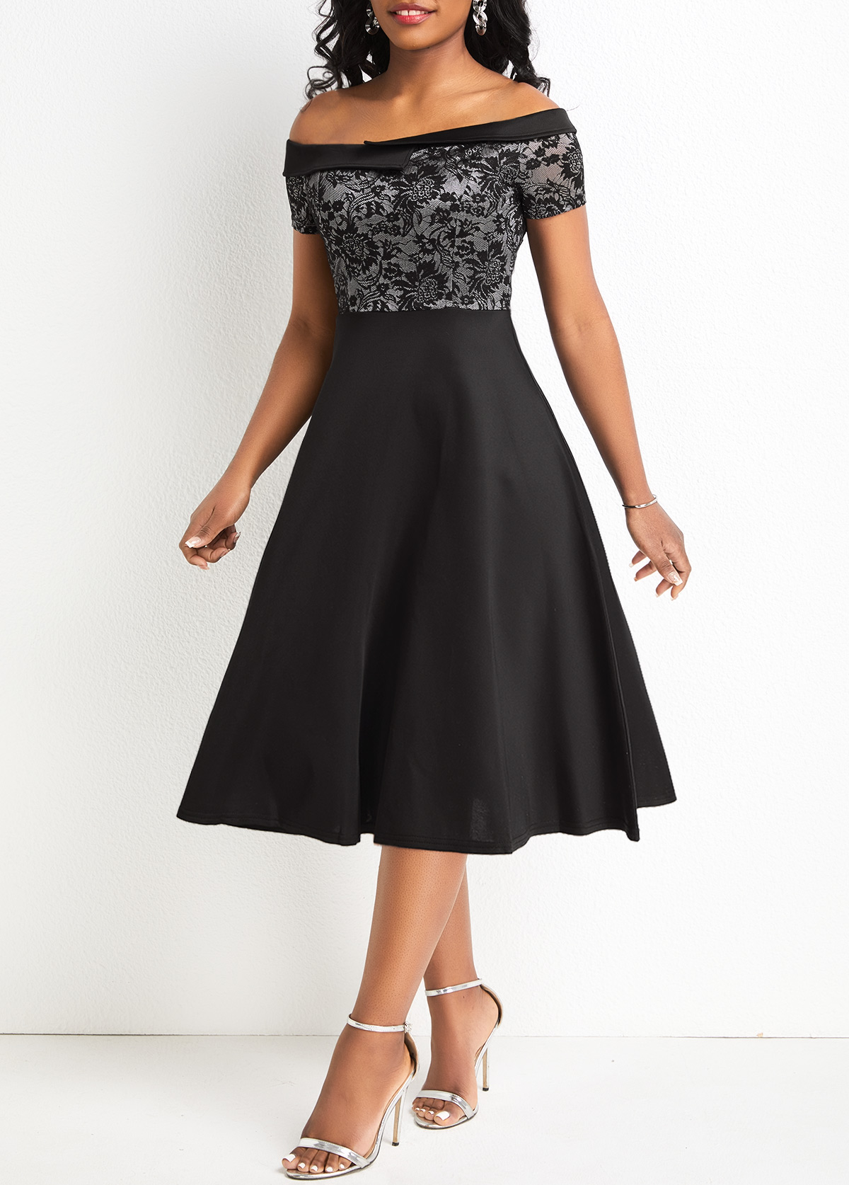 Black dresses,Plain Color dresses,Lace Black Off Shoulder Short Sleeve Dress