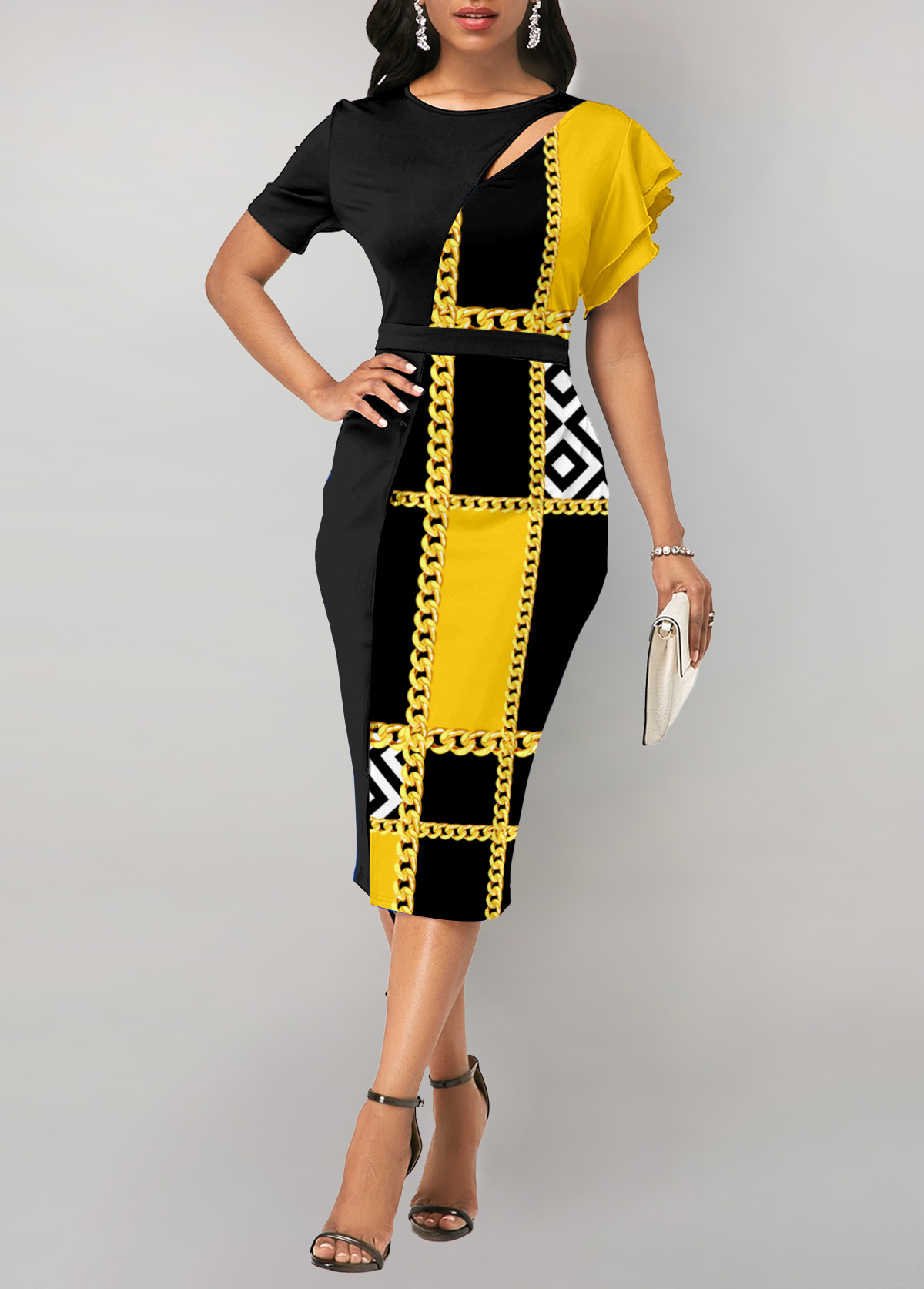 Yellow dresses,Black dresses,Geometric dresses,ROTITA Cut Out Geometric Print Yellow Bodycon Dress