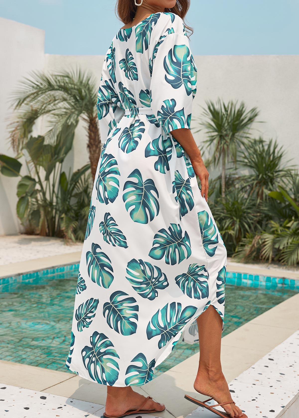 White swimwear,Plants swimwear,Tie White Leaf Print Cover Up