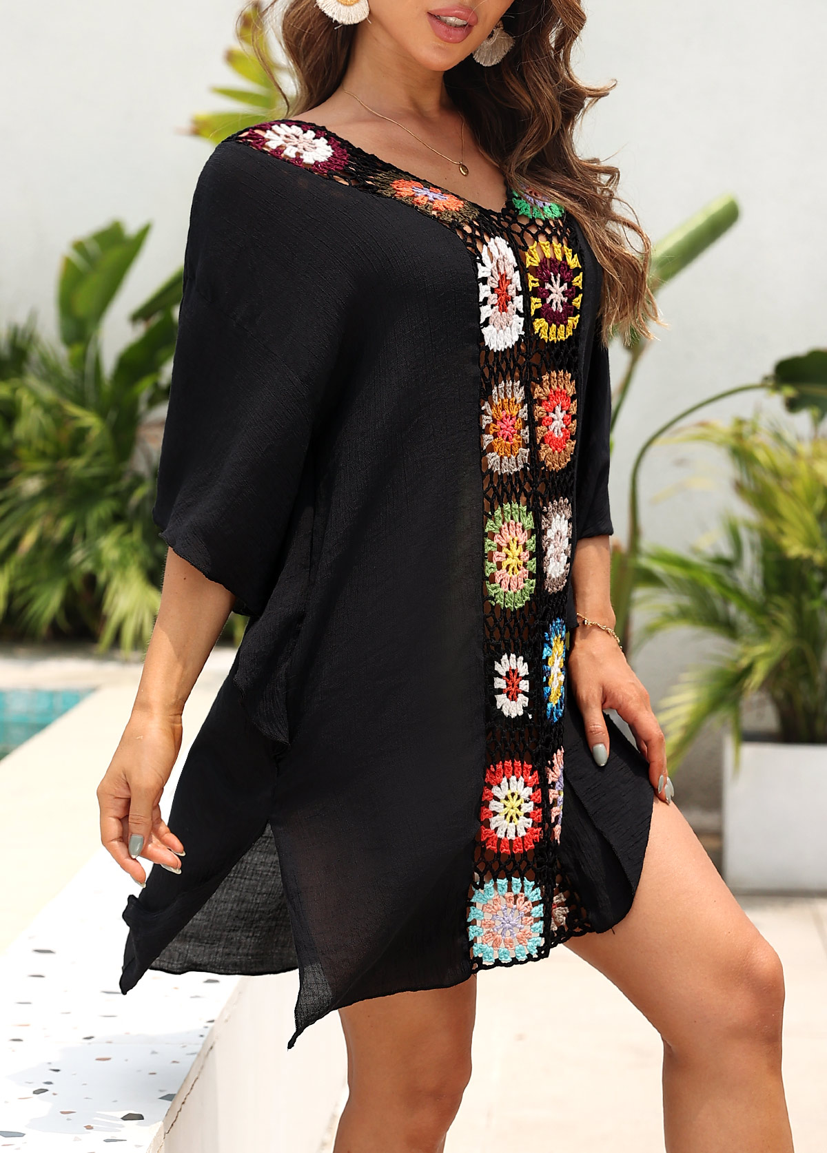 Black swimwear,Plain Color swimwear,Patchwork V Neck Black Cover Up