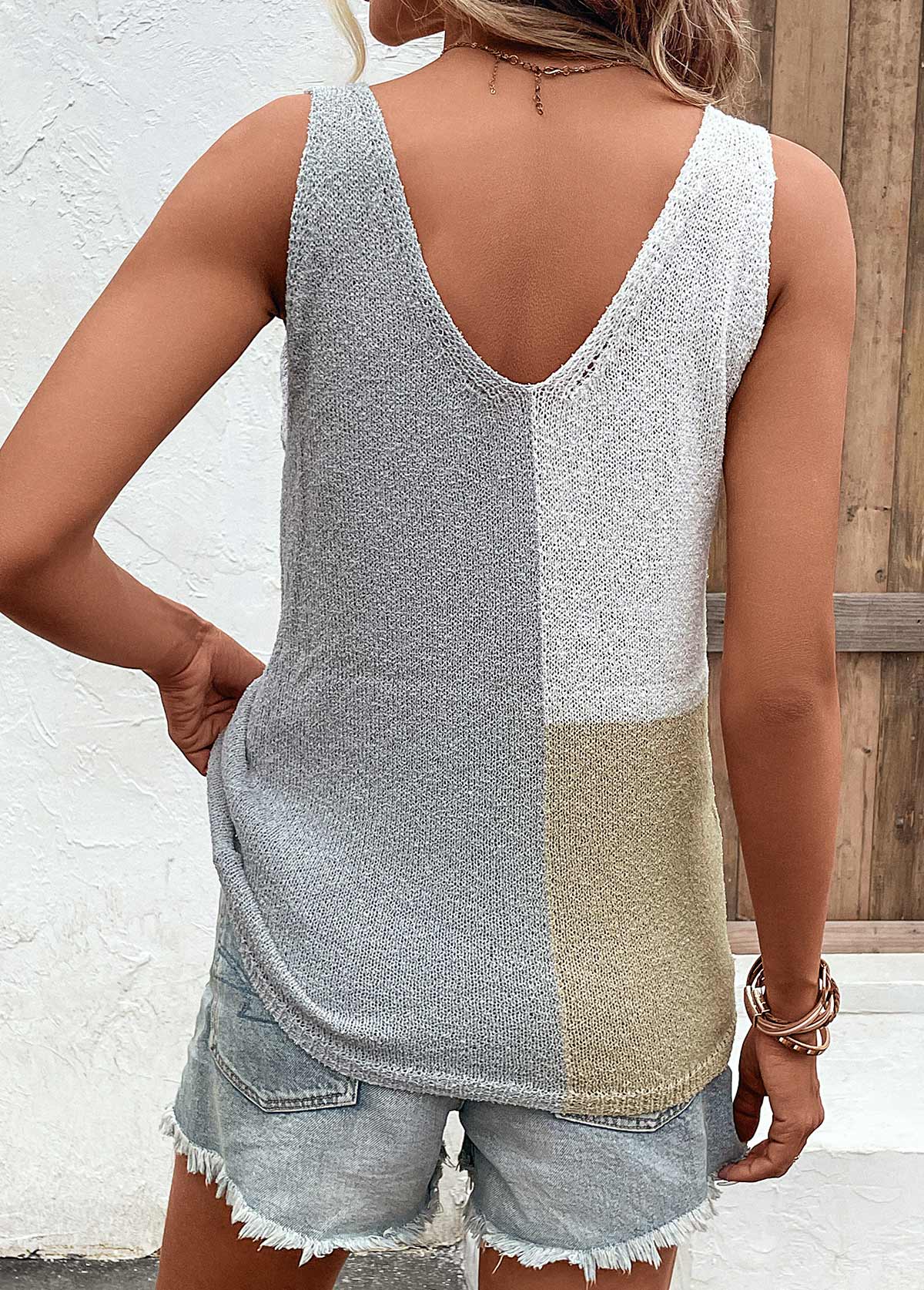 Grey tops,Contrast Color tops,Patchwork Grey V Neck Sweater Vest