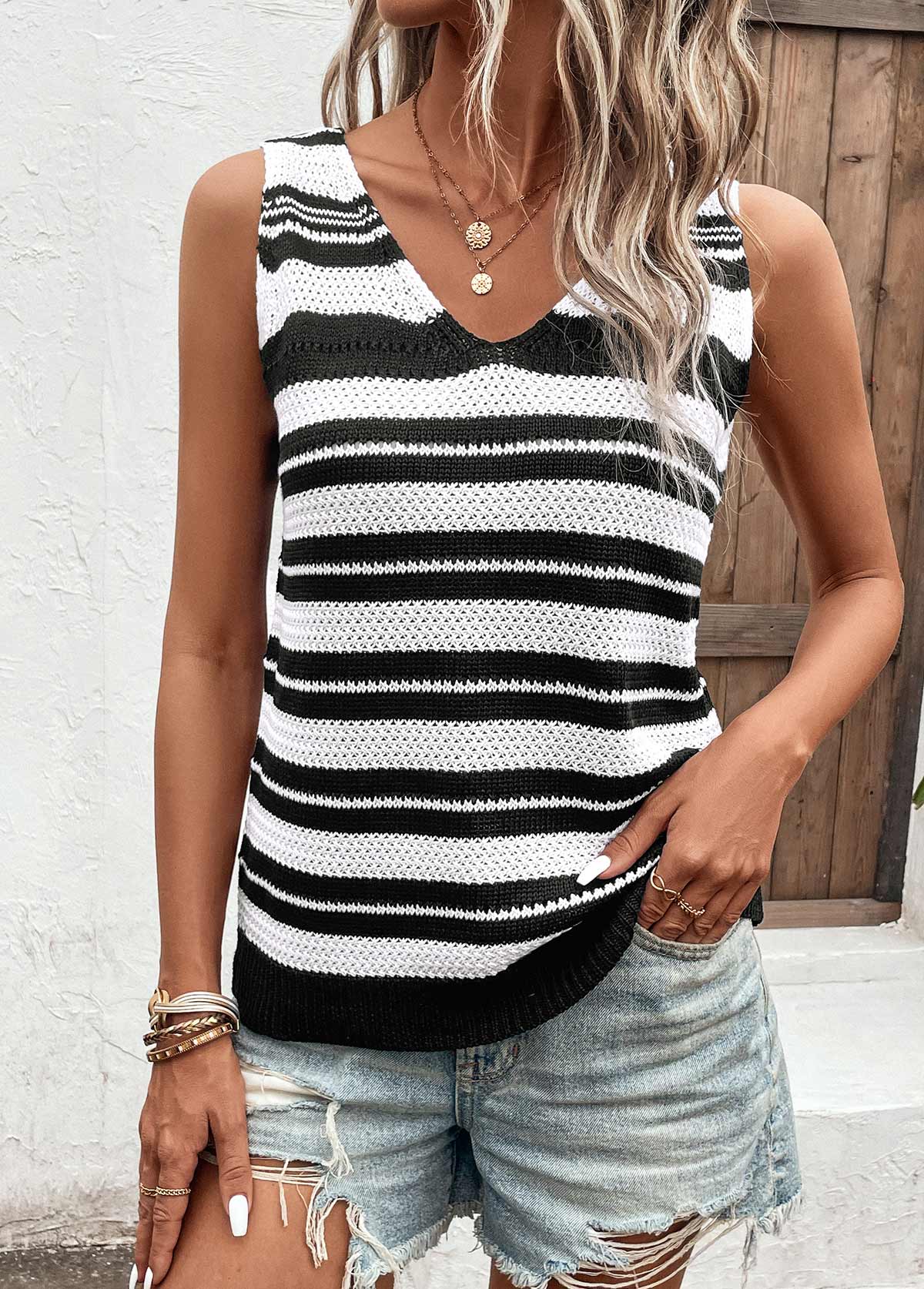 Black tops,White tops,Striped tops,Geometric tops,Patchwork Striped Black V Neck Sweater Vest