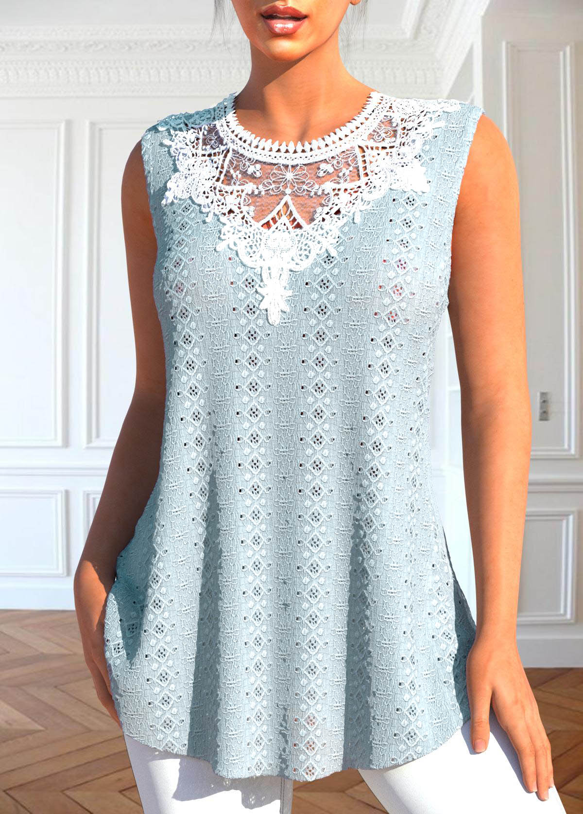 Dusty Blue tops,Contrast Color tops,ROTITA Patchwork Dusty Blue Round Neck Tank Top