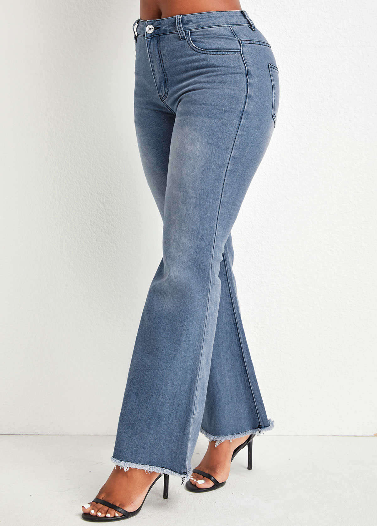 Denim Blue bottoms,Plain Color bottoms,Pocket Denim Blue Flare Leg Zipper Fly Jeans