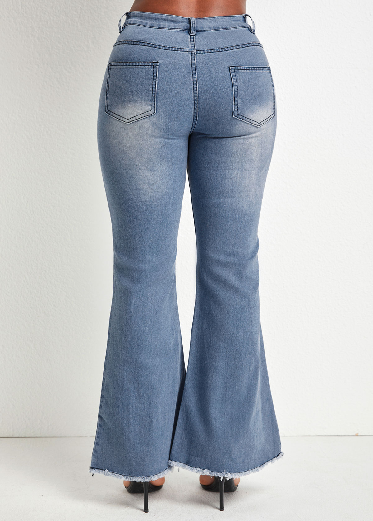 Denim Blue bottoms,Plain Color bottoms,Pocket Denim Blue Flare Leg Zipper Fly Jeans