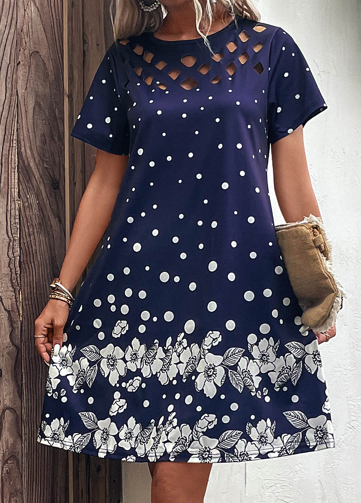Navy dresses,Floral dresses,Plants dresses,Dot dresses,Cut Out Floral Print Navy H Shape Dress