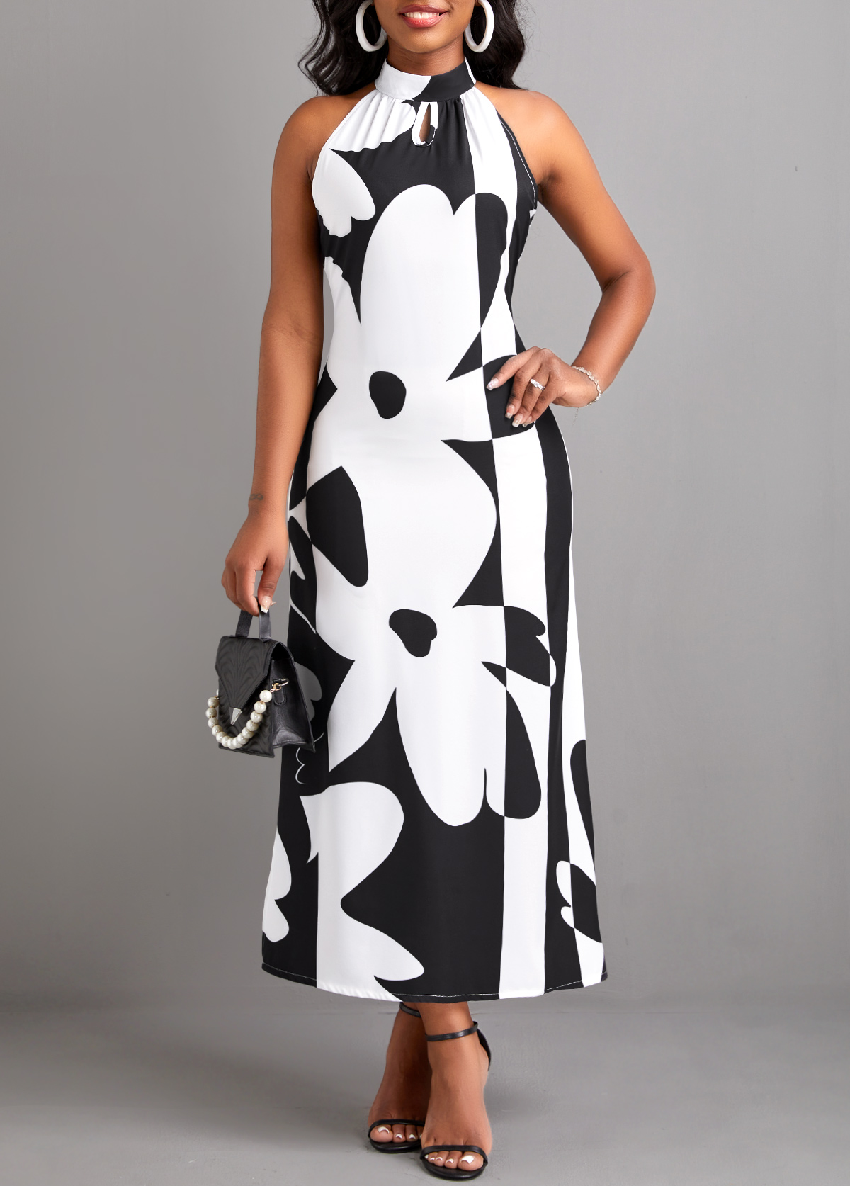 Black dresses,White dresses,Floral dresses,Plants dresses,Geometric dresses,ROTITA Split Floral Print Black A Line Maxi Dress