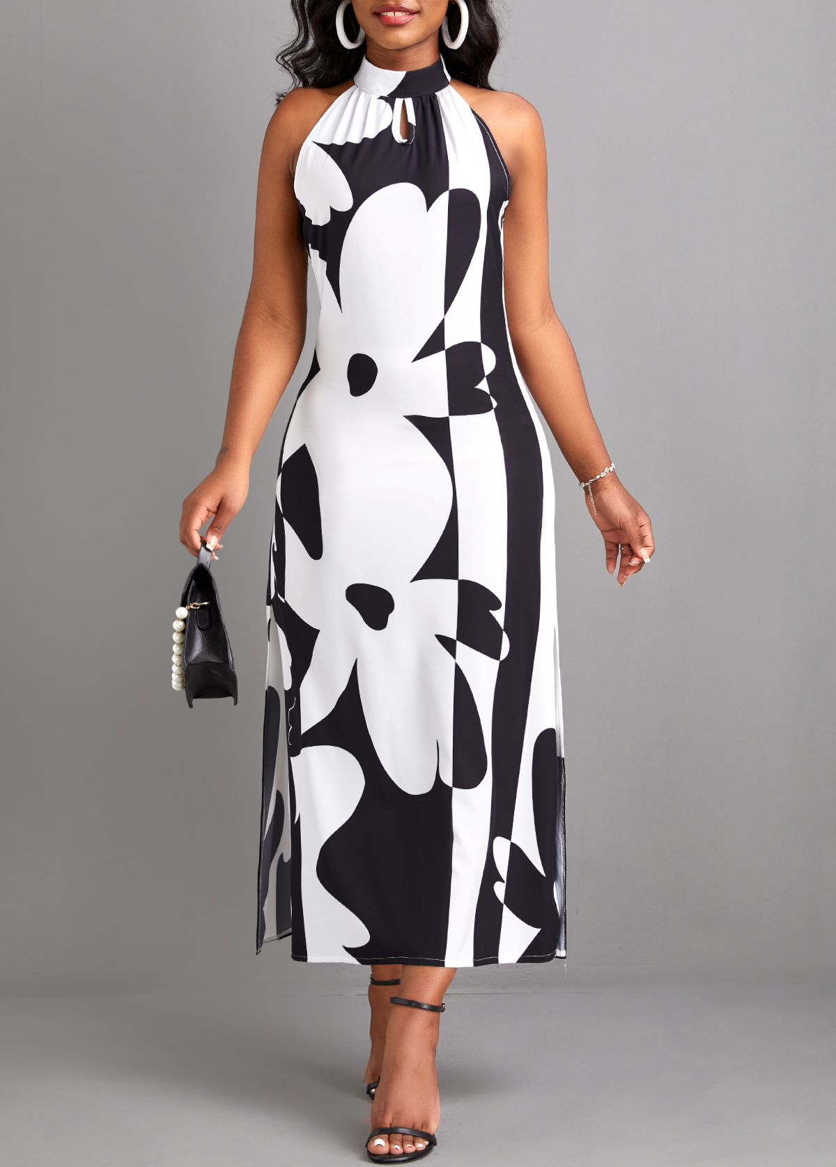 Black dresses,White dresses,Floral dresses,Plants dresses,Geometric dresses,ROTITA Split Floral Print Black A Line Maxi Dress