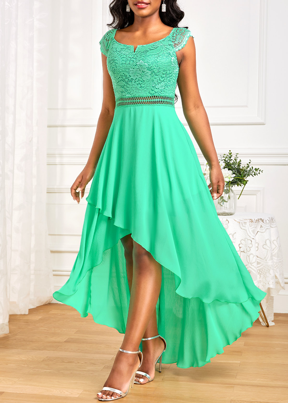ROTITA Lace Mint Green High Low Split Neck Dress | Rotita.com - USD $39.98