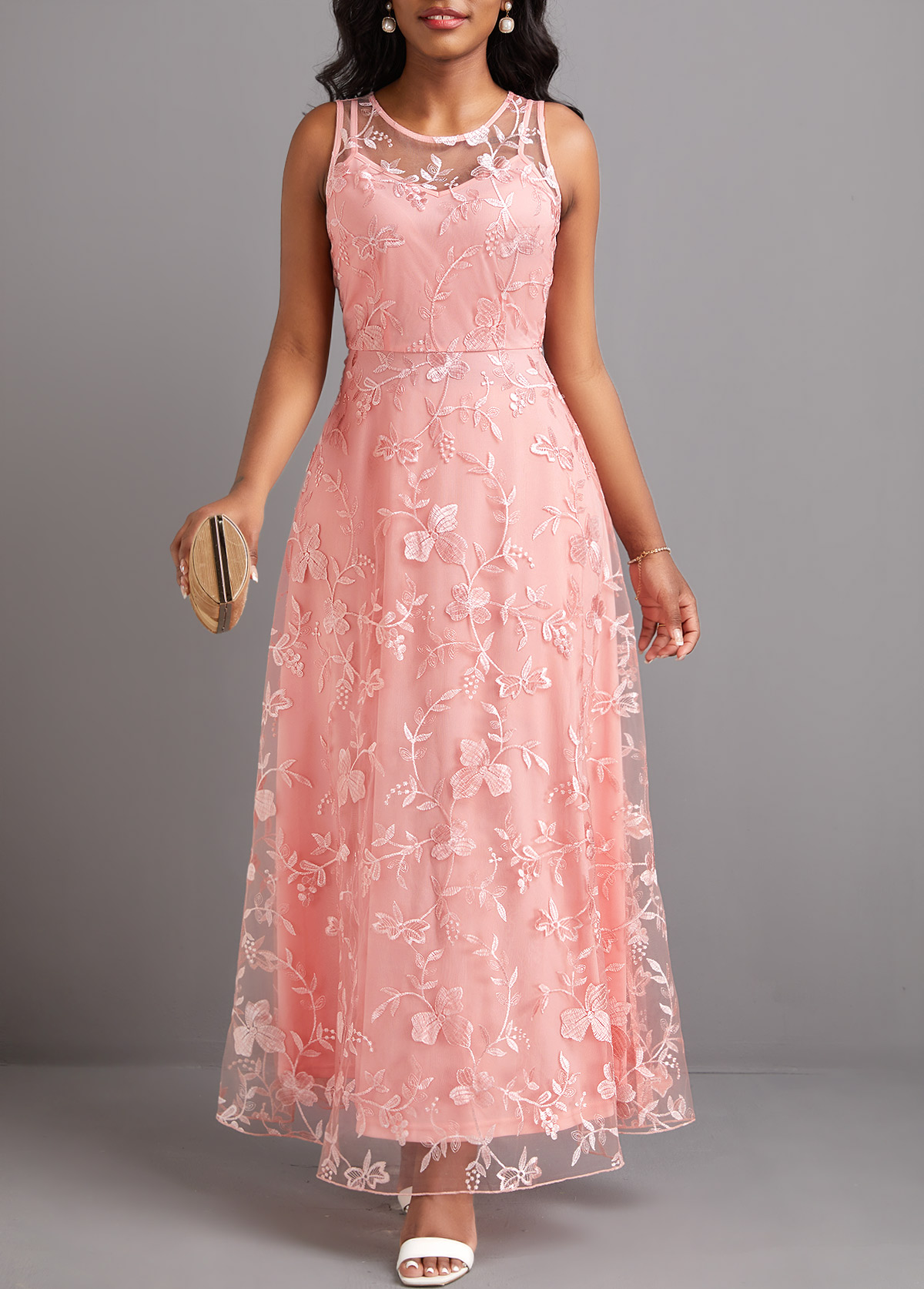 ROTITA Lace Pink Round Neck Sleeveless Maxi Dress