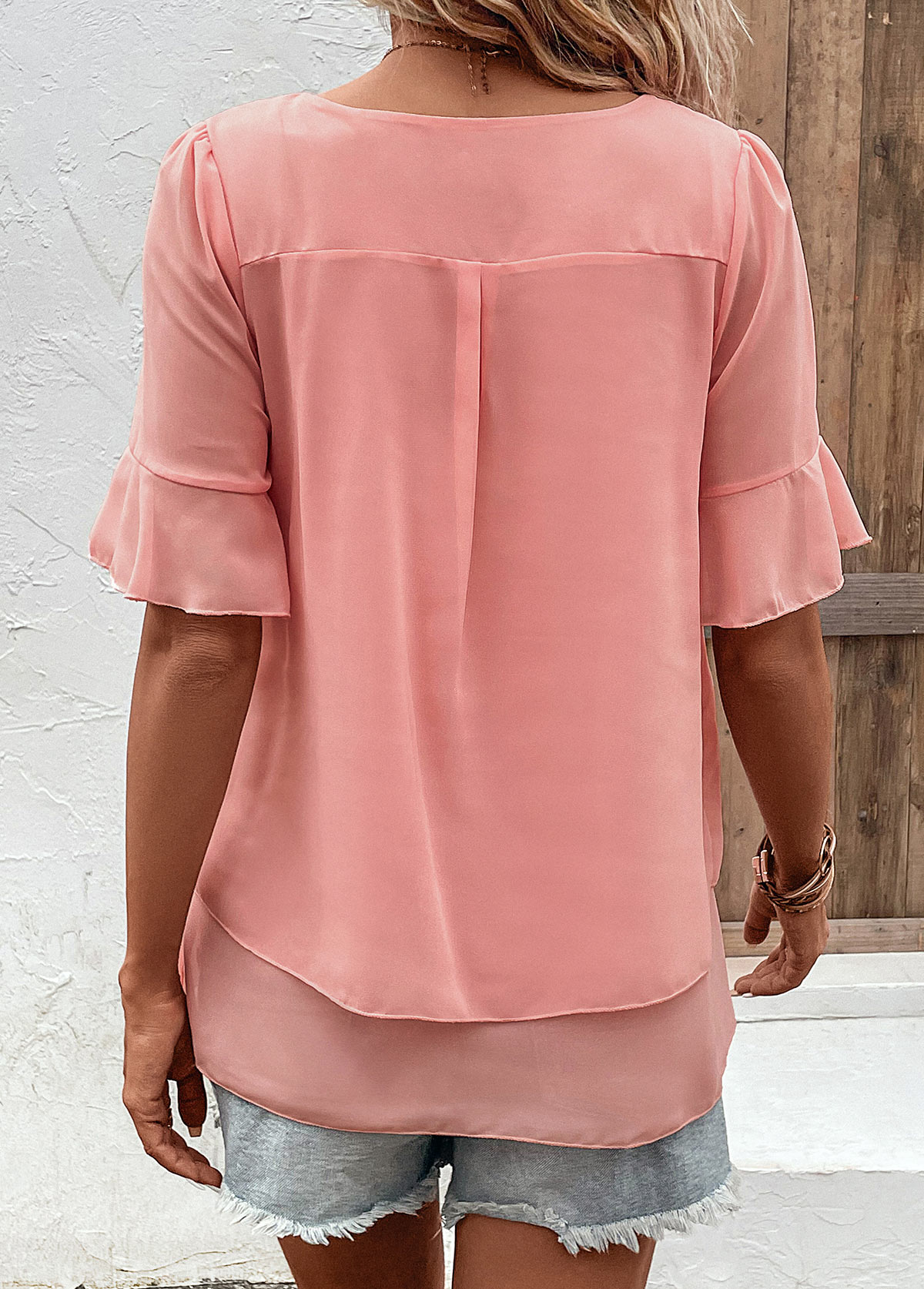 Pink tops,Plain Color tops,Layered Pink Round Neck Short Sleeve Blouse