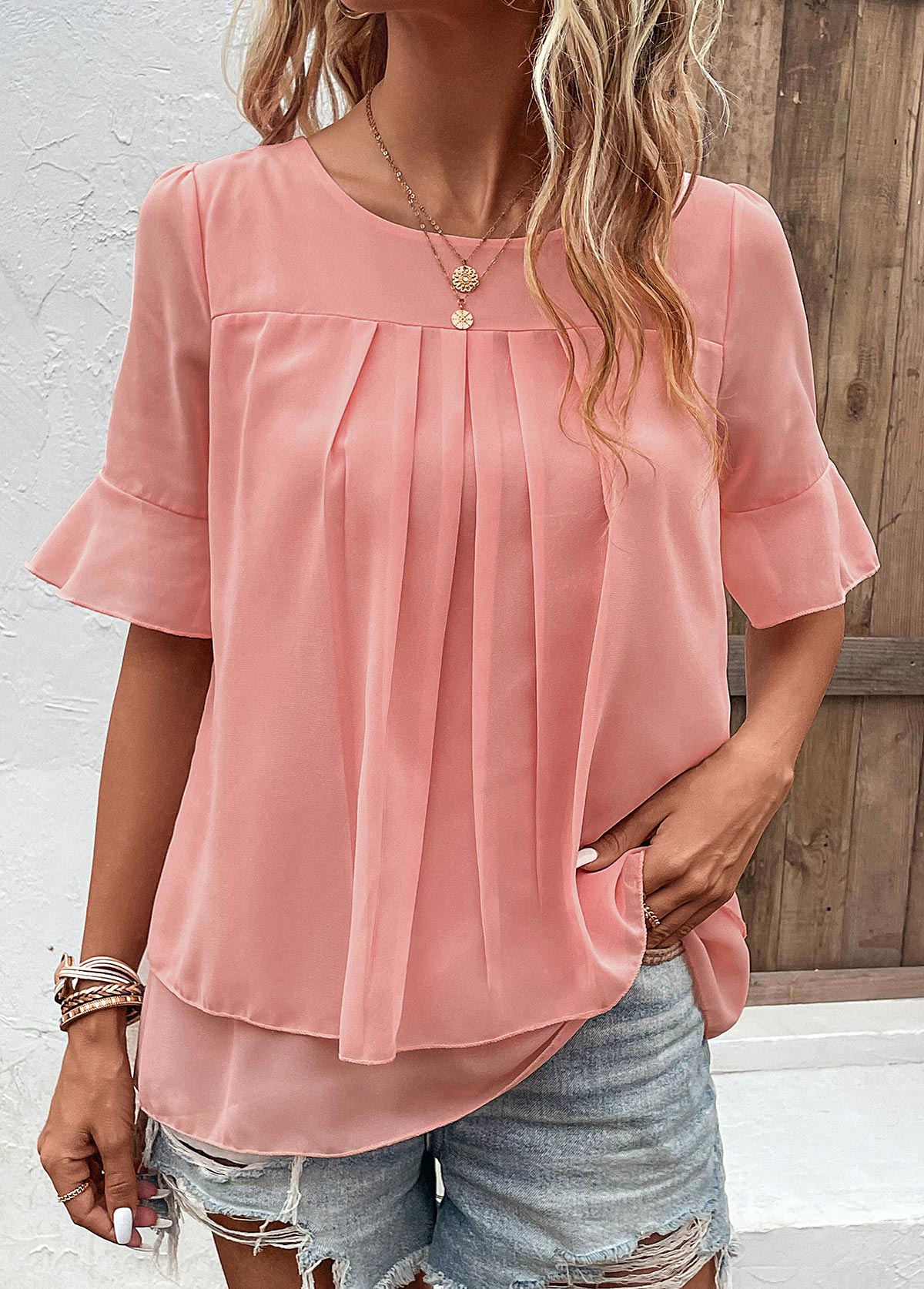 Pink tops,Plain Color tops,Layered Pink Round Neck Short Sleeve Blouse